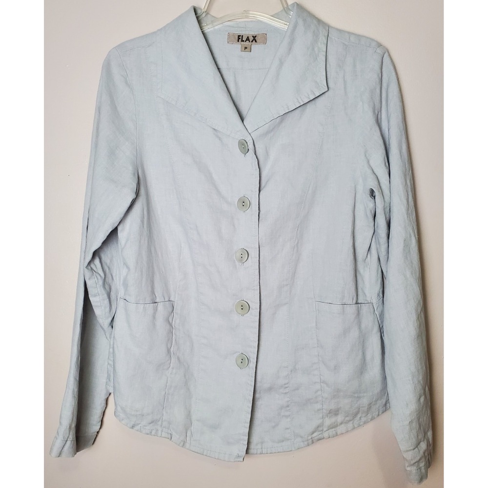 Flax Size P 4-6 Blue Gray Linen Shirt Jacket Lagenlook Casual Minimalist Natural